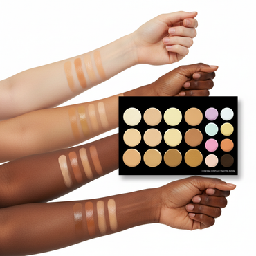 CONCEAL CONTOUR PALETTE 20CON showing variety of concealer shades and color correctors with swatches on different skin tones