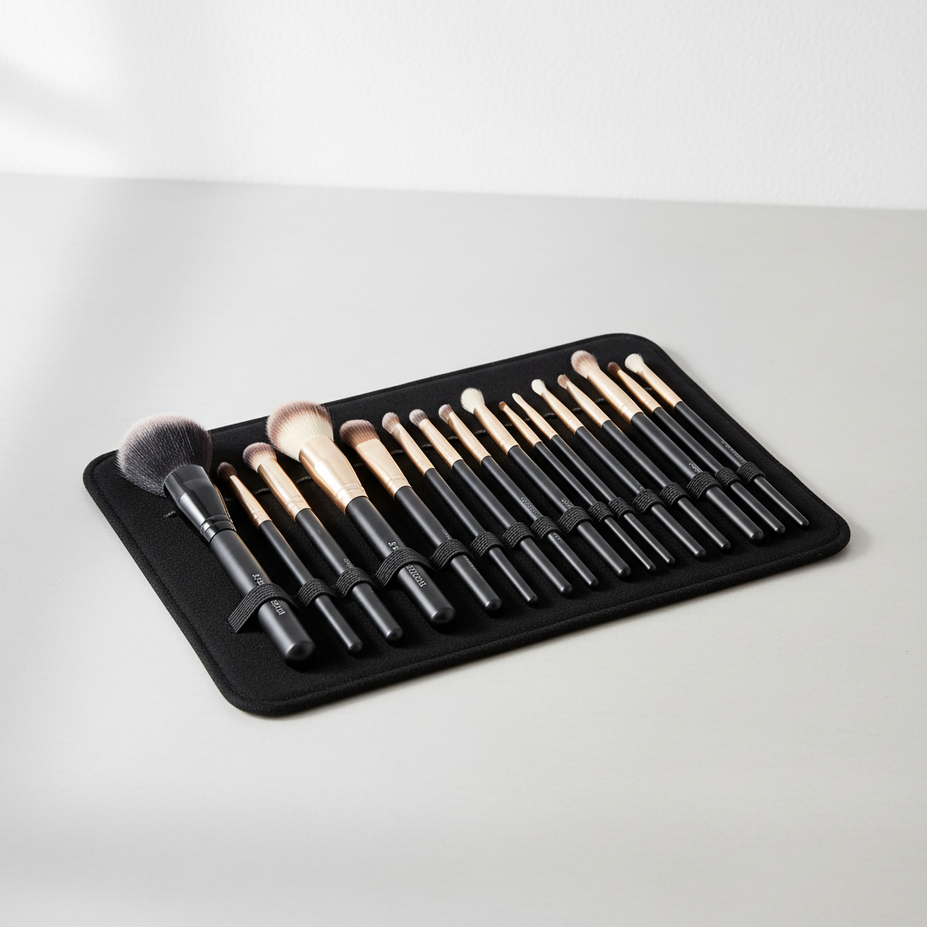 Crown 16 Slot Brush Board BDP with 16 makeup brushes organized in elastic loops for storage or display