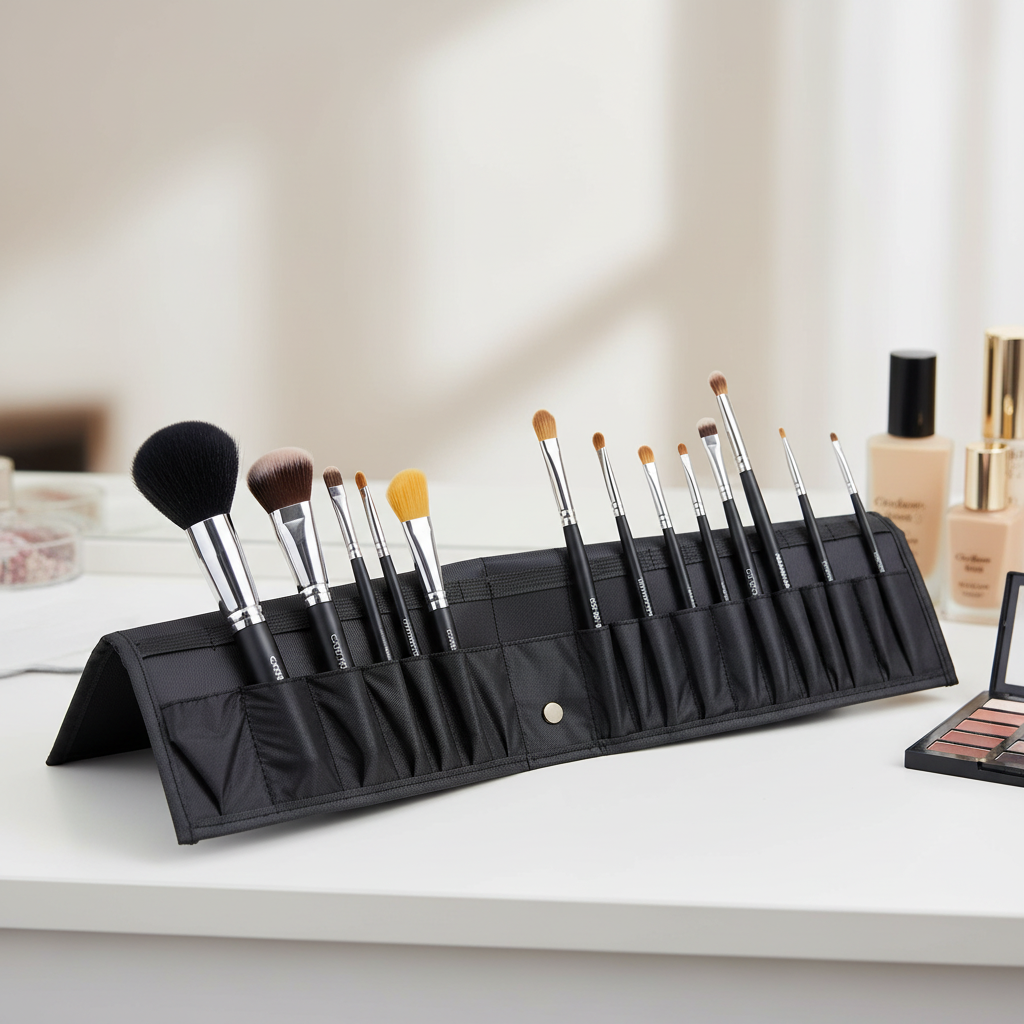 Crown 18 Slot Folding Stand Case FCS18 set up with all 18 slots filled with organized makeup brushes