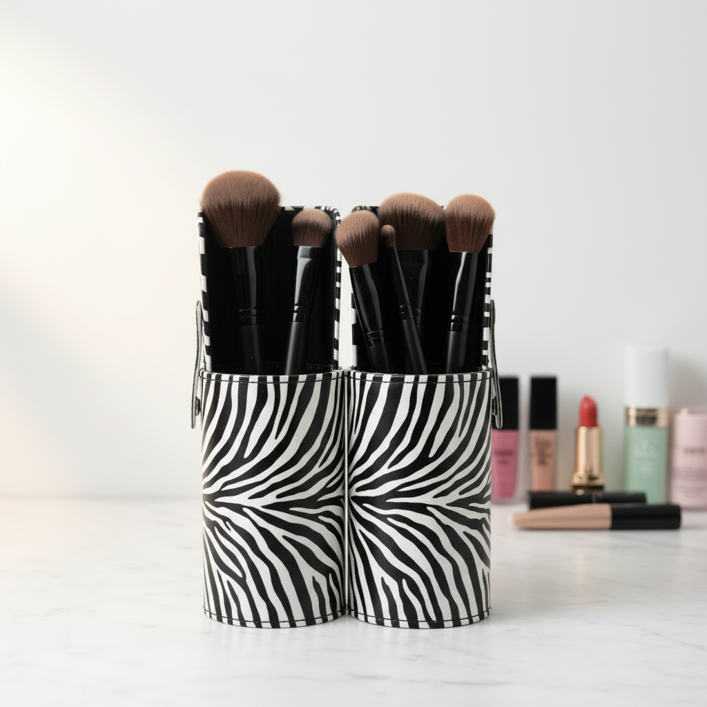 Crown Zebra print brush tube storage case with makeup brushes inside