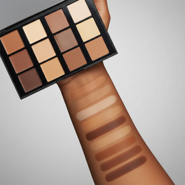CONCEALER CONTOUR PALETTE 12CC showing swatches of all 12 shades on different skin tones demonstrating range