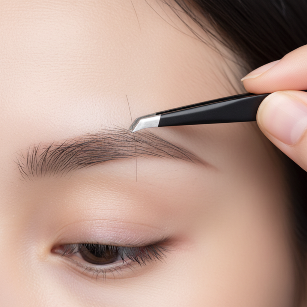 Hands using Crown Stainless Steel Slanted Tweezer STW-S to precisely shape eyebrows with slanted tip