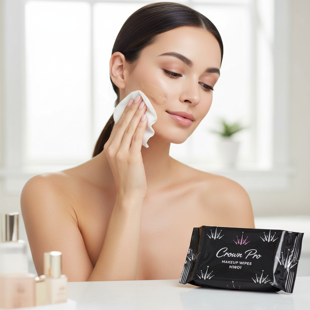 Woman gently removing makeup with Crown Pro Makeup Wipes MW01 showing clean fresh skin