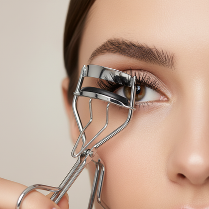 Woman using Crown Stainless Steel Eyelash Curler SEC to create beautiful curl at lash line