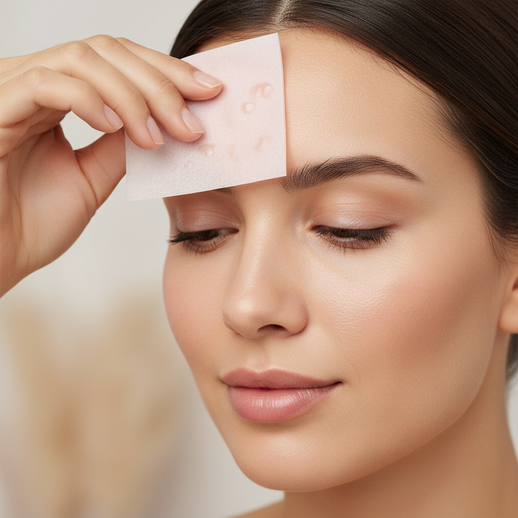Woman using Crown Pro Oil Control Blotting Paper PB01 on T-zone to remove excess oil while preserving makeup