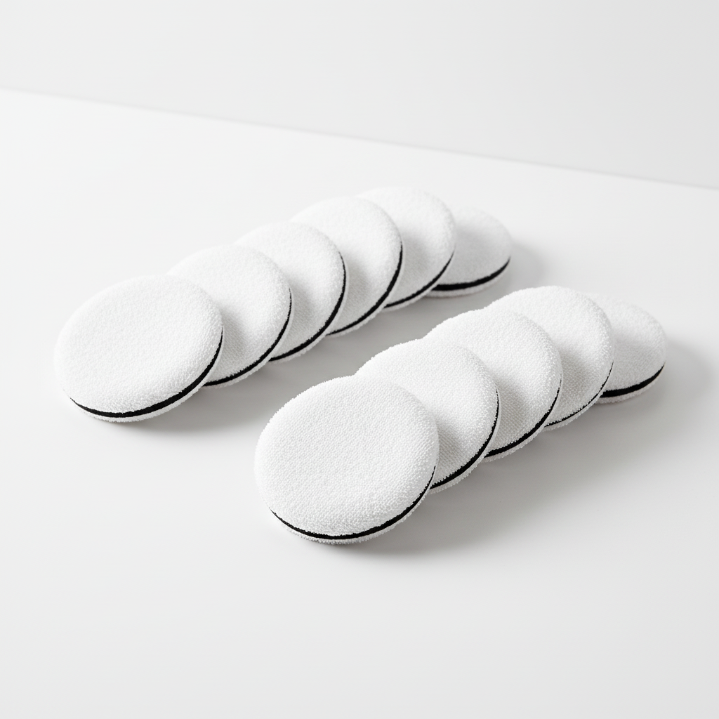 Crown disposable compact powder puffs arranged on clean surface