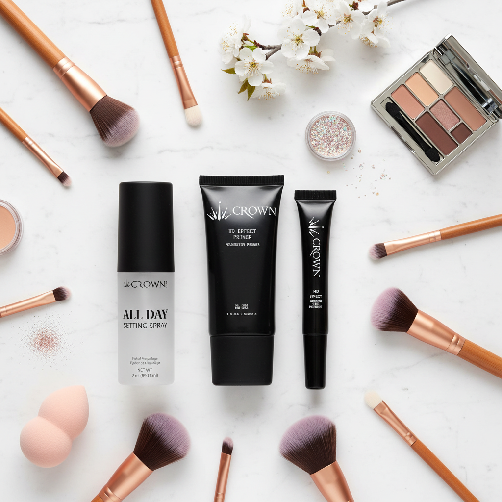Prep & Set Trio styled flat lay with all three products - HD Effect Under Eye Primer, HD Effect Face Primer, and All Day Setting Spray