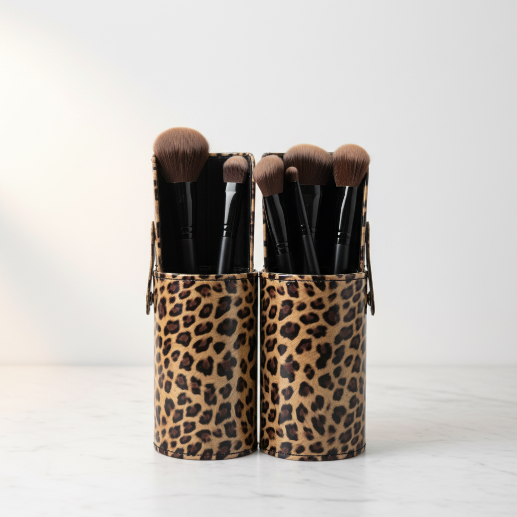 Crown Cheetah print brush tube storage case with makeup brushes inside