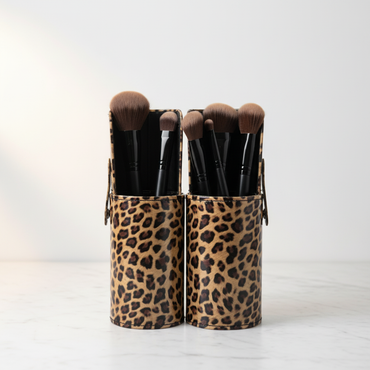 Crown Cheetah print brush tube storage case with makeup brushes inside