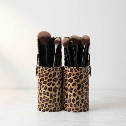 Crown Cheetah print brush tube storage case with makeup brushes inside