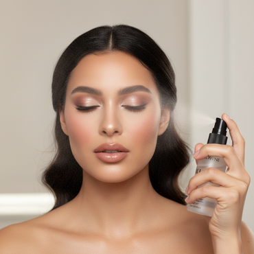 Model applying Crown Pro All Day Setting Spray PSS1 over finished makeup showing fine mist application