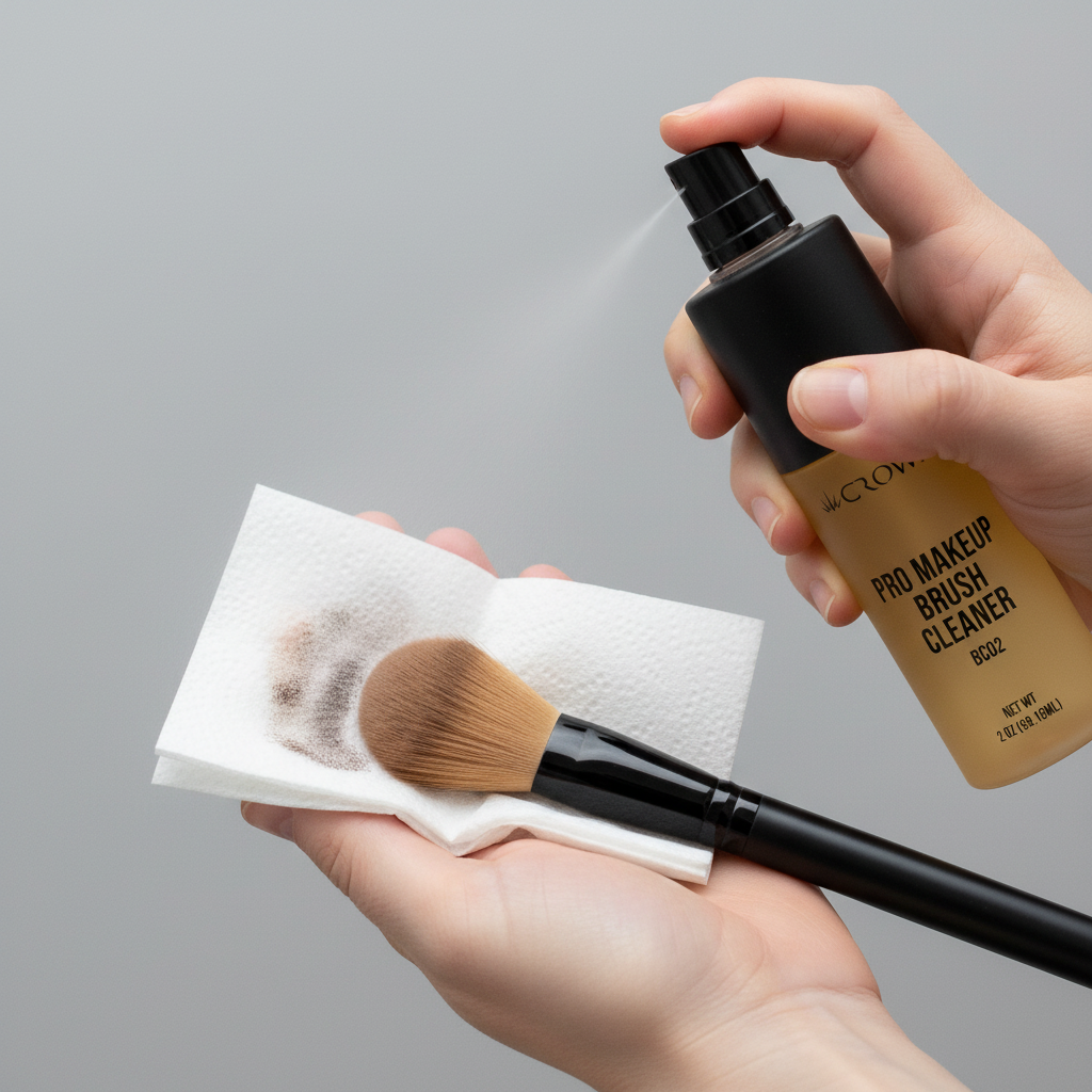Professional makeup artist spraying Crown Pro Makeup Brush Cleaner BC02 onto tissue and wiping brushes clean