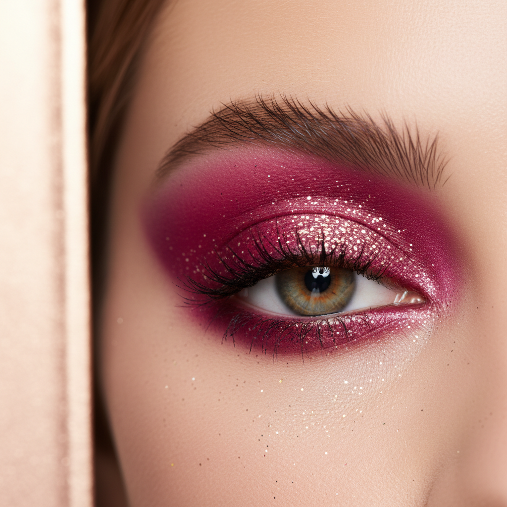 LA11 satin magenta liquid eyeshadow with white gold glitter lifestyle image