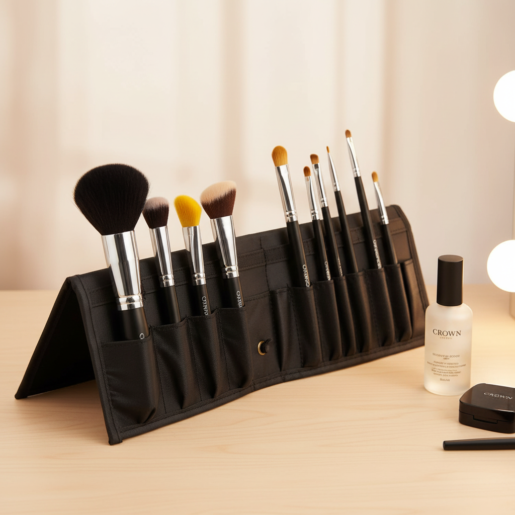 Crown 12 Slot Folding Stand Case FCS12 set up with all 12 slots filled with organized makeup brushes