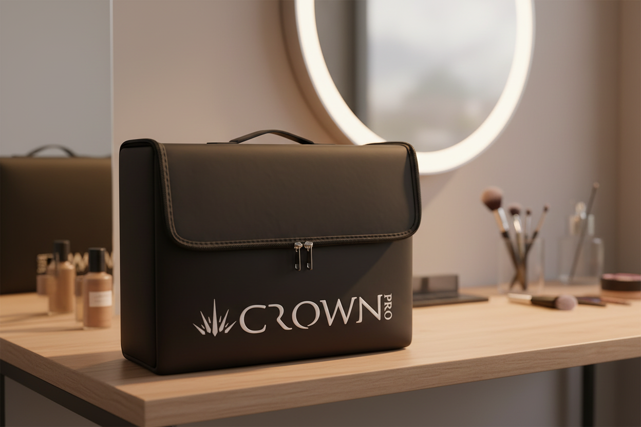 Crown Pro makeup case lifestyle photo in professional studio setting