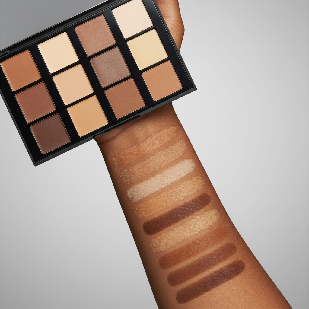 CONCEALER CONTOUR PALETTE 12CC showing swatches of all 12 shades on different skin tones demonstrating range