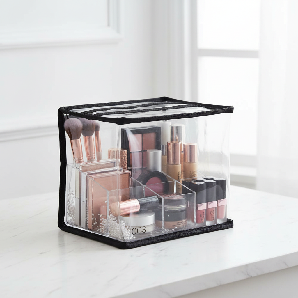 Clear Cosmetic Box CC3 filled with organized makeup products and beauty accessories for storage
