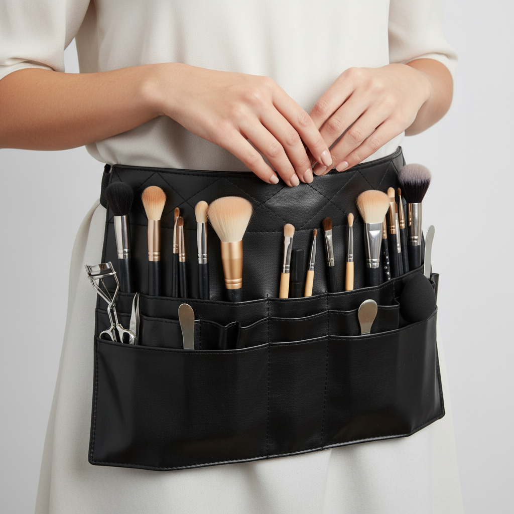 Professional makeup artist wearing Crown Professional Brush Apron A1 with organized makeup brushes in slots