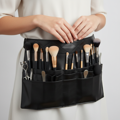 Professional makeup artist wearing Crown Professional Brush Apron A1 with organized makeup brushes in slots