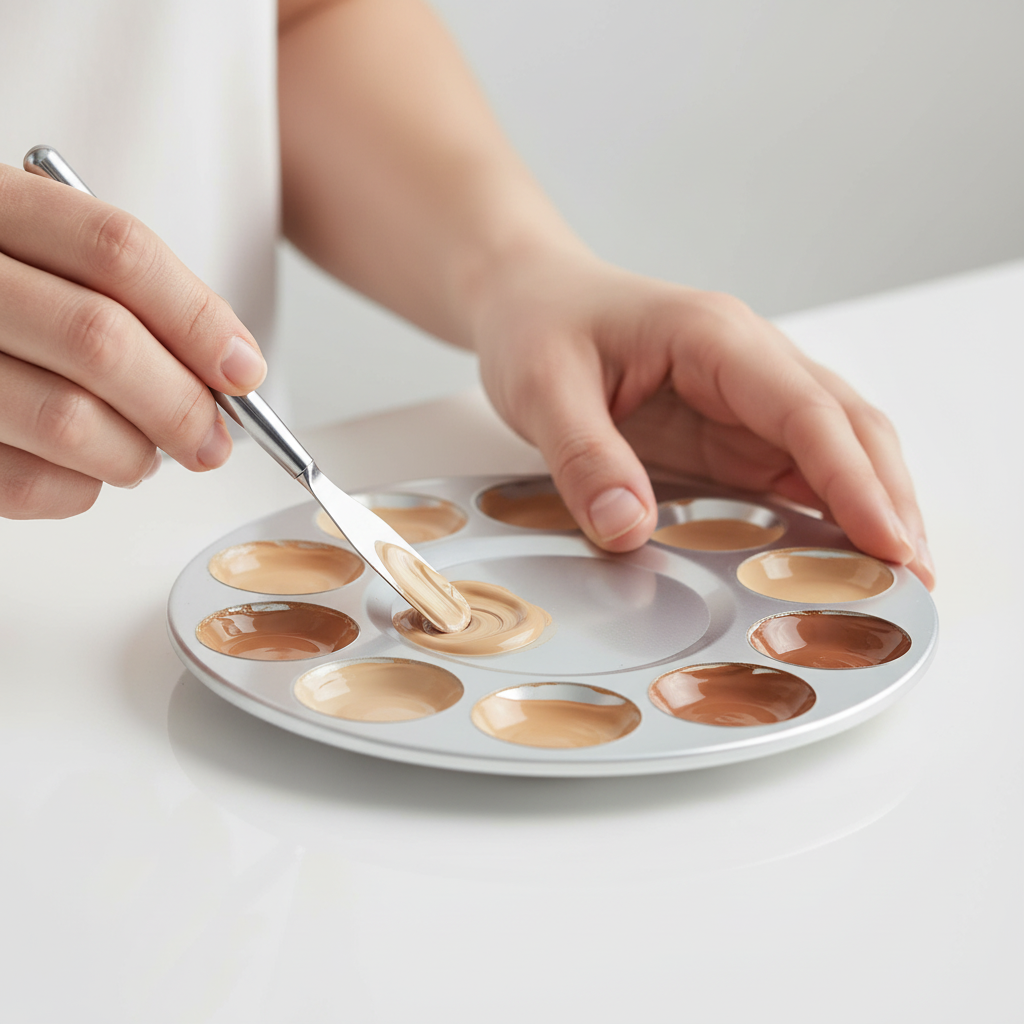 Professional makeup artist using Crown Pro Mixing Tray MP2 with metal spatula to blend makeup in separate compartments