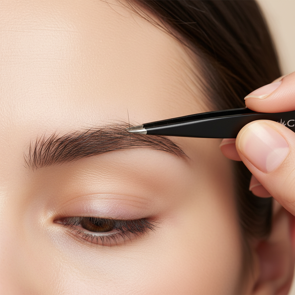 Hands using Crown Stainless Steel Pointed Tweezer STW-P to precisely detail eyebrows and remove stray hairs