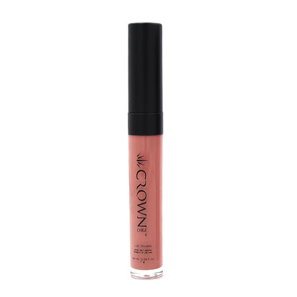 Lip gloss with black cap and visible brand name on a white background